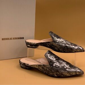 Nicholas Kirkwood Beya Marble Lurex Silver Black Metallic Pointed Mule 37.5/US 7